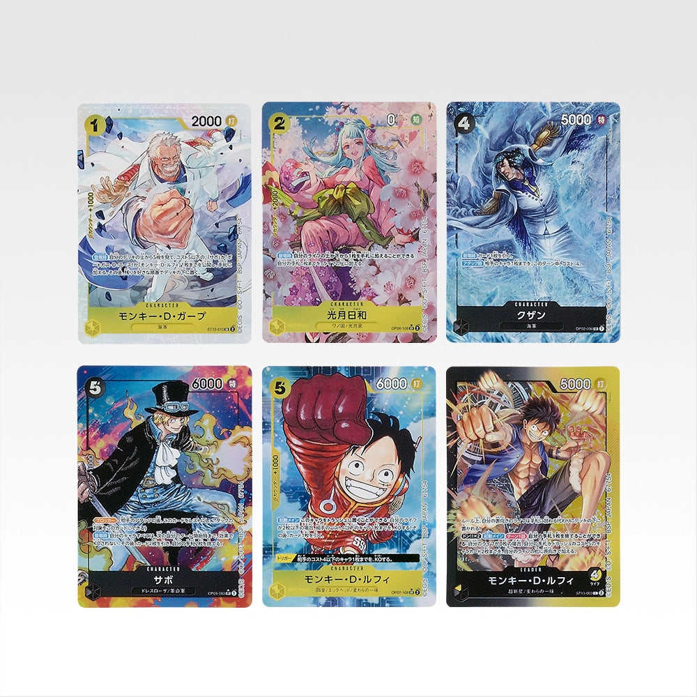 Six colorful One Piece card game stickers featuring vibrant character illustrations of Luffy, Sabo, Garp, and others in a 5cm size.