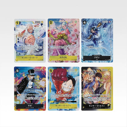 Six colorful One Piece card game stickers featuring vibrant character illustrations of Luffy, Sabo, Garp, and others in a 5cm size.