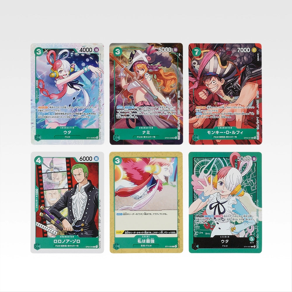 Six colorful One Piece card design stickers featuring anime character illustrations and game stats on a white background.