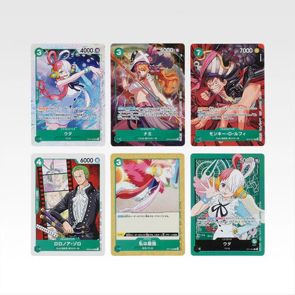 Six colorful One Piece card design stickers featuring anime character illustrations and game stats on a white background.