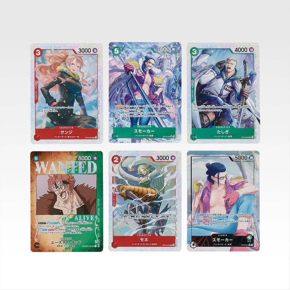 Set of six One Piece card design stickers featuring colorful anime character illustrations and game stats on a white background.