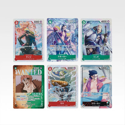 Set of six One Piece card design stickers featuring colorful anime character illustrations and game stats on a white background.