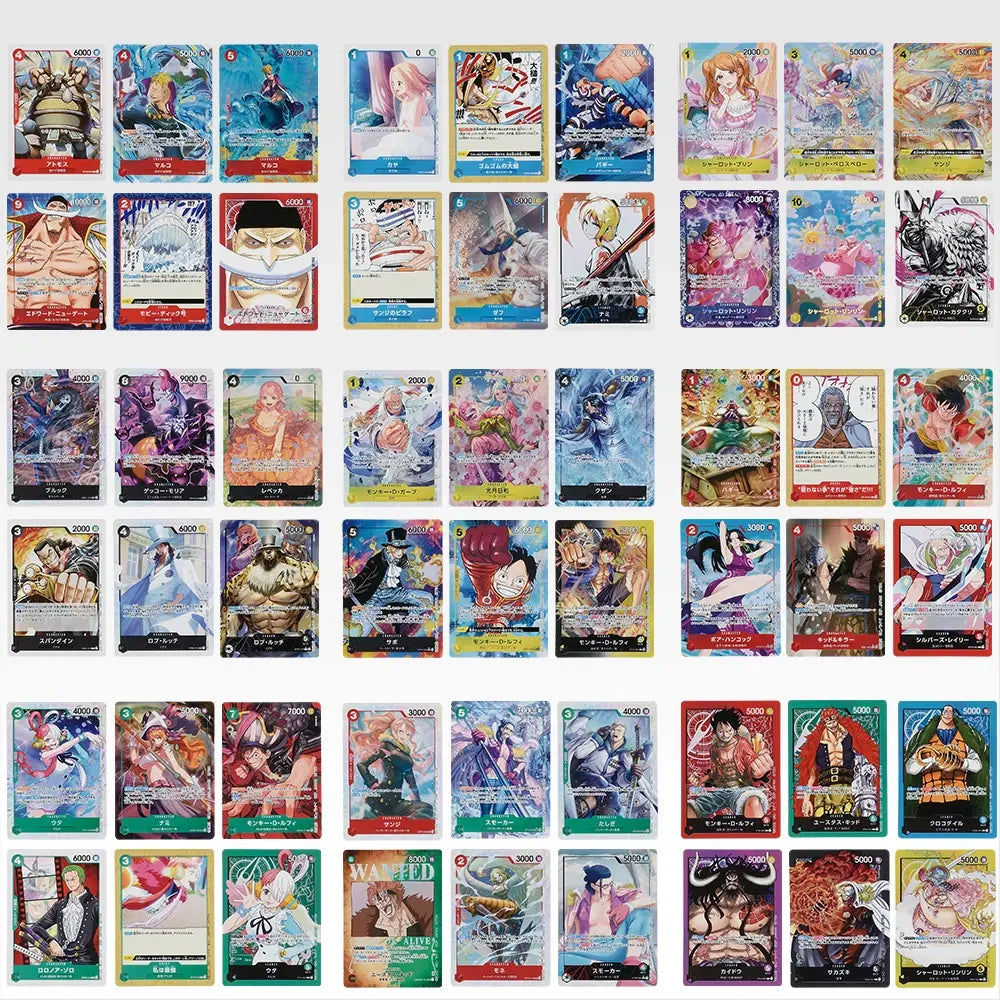Collection of colorful One Piece card game stickers featuring various anime characters in a 5cm rectangular design.