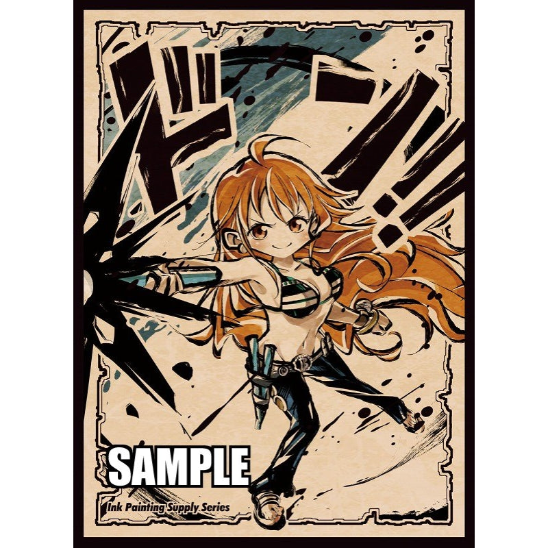 Chibi Nami Don card sleeve, ink painting style, with orange hair and black outfit on a beige background.