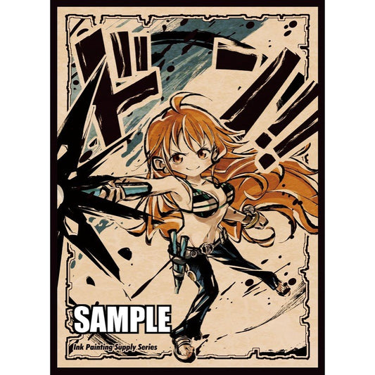 Chibi Nami Don card sleeve, ink painting style, with orange hair and black outfit on a beige background.