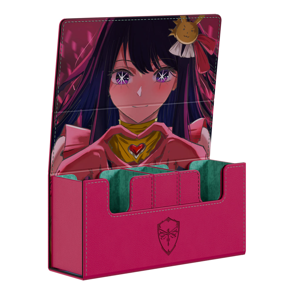 Pink vegan leather Invincible Idol EV 2.5 deck box with anime character art, teal microfiber interior, and magnetic closure.