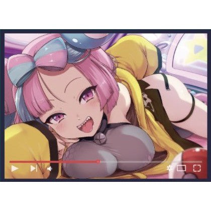 Anime girl with pink hair, blue and pink bow, purple eyes, and fangs, in a gray top and yellow jacket.