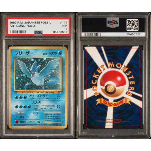 PSA-graded 1997 Japanese Fossil Articuno-Holo Pokémon card, front and back views.