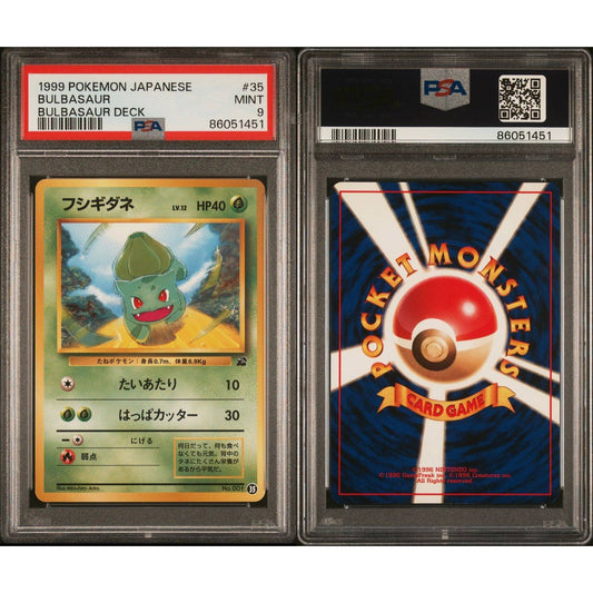 PSA graded 1999 Japanese Bulbasaur #35 Pokemon card, front and back, in a clear protective slab.