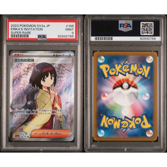 Japanese Erika's Invitation SR Pokemon card, PSA graded Mint 9, showing front and blue back.