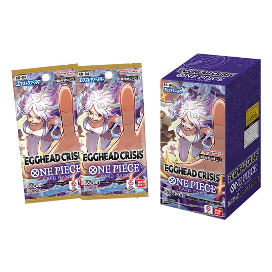 Japanese One Piece Card Game Egghead Crisis EB-04 booster box and two matching foil packs featuring Gear 5 Luffy art.