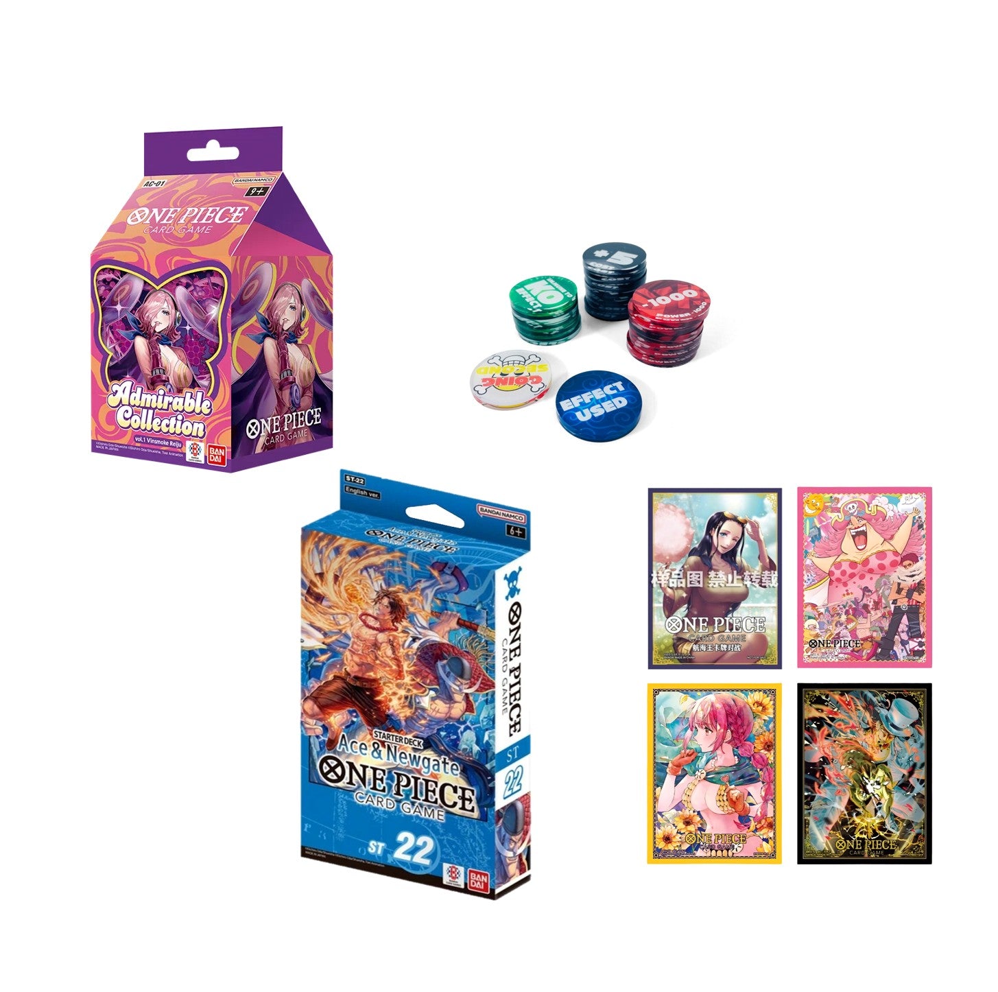 One Piece Card Game Reiju milkbox, Ace and Newgate starter deck, colorful game tokens, and character card sleeves.