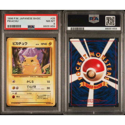 Graded 1996 Japanese Base Set Pikachu Pokémon card, front and back, in a PSA slab.