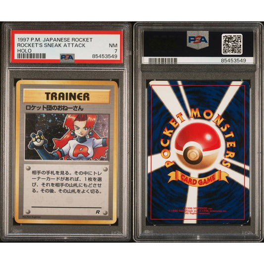 Graded 1997 Japanese Rocket's Sneak Attack Holo Trainer card, front and blue back, in clear PSA slab.
