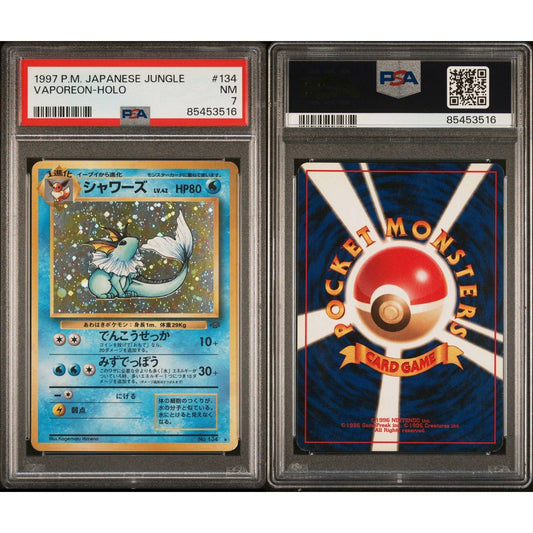 PSA graded 1997 Japanese Jungle Vaporeon-Holo #134, front and back views in clear plastic cases.