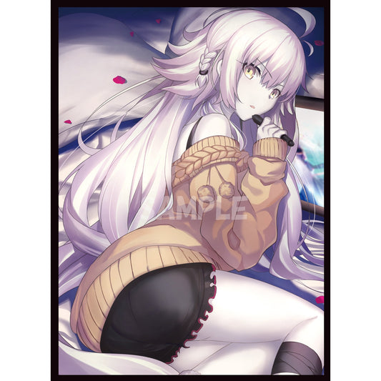 Jeanne Alter card sleeve featuring a white-haired anime girl in a cozy orange sweater, holding a pen.