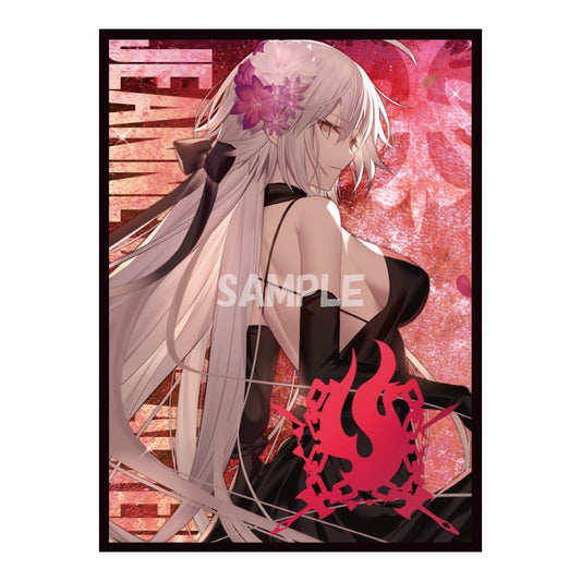 Jeanne d'Arc Alter card sleeve featuring a long-haired anime girl in a black dress against a shimmering red floral background.