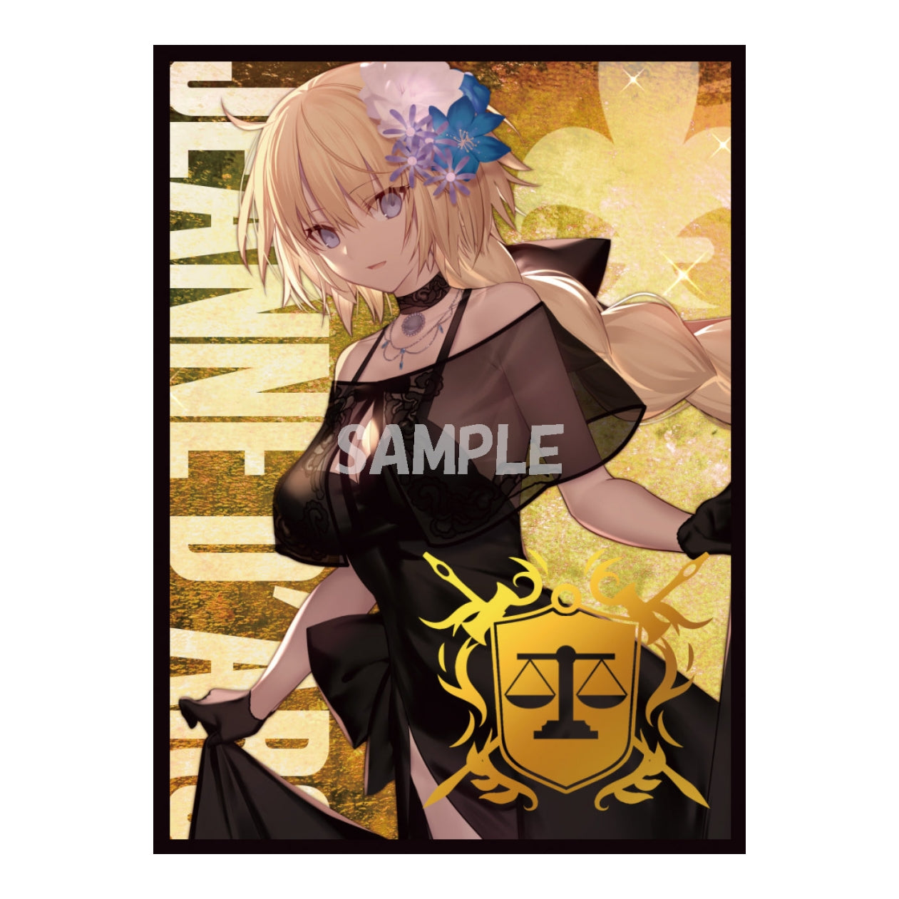 Jeanne d'Arc card sleeve featuring a blonde anime girl in a black dress with a gold Ruler class emblem on a textured background.