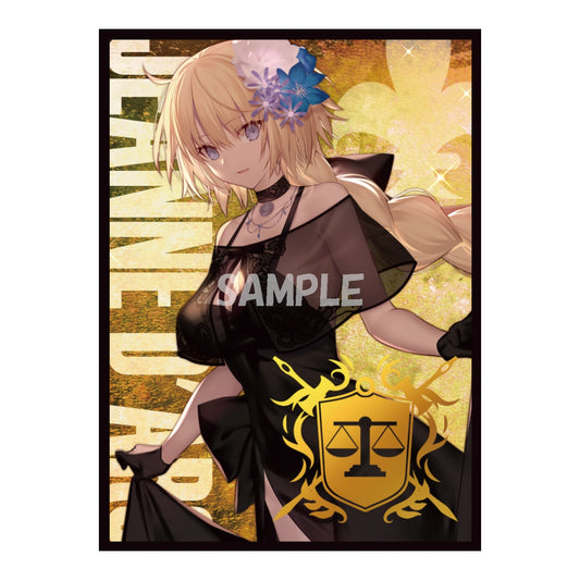 Jeanne d'Arc card sleeve featuring a blonde anime girl in a black dress with a gold Ruler class emblem on a textured background.