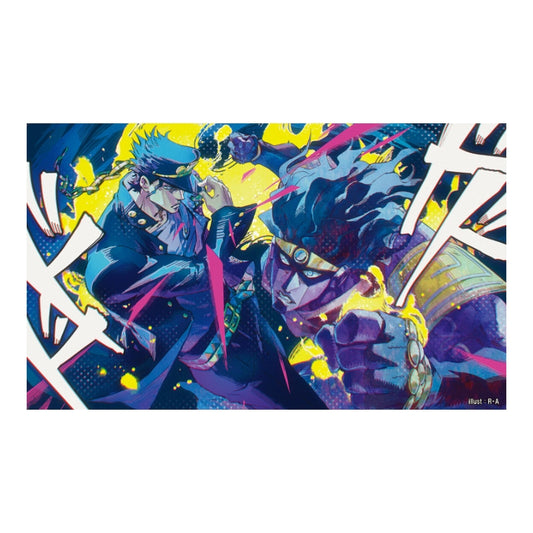 Jotaro Kujo and Star Platinum rubber playmat, 60x35cm, featuring vibrant anime-style action art in blue and yellow.