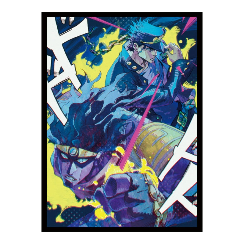 Jotaro Kujo and Star Platinum anime card sleeve featuring vibrant blue and yellow manga-style artwork.