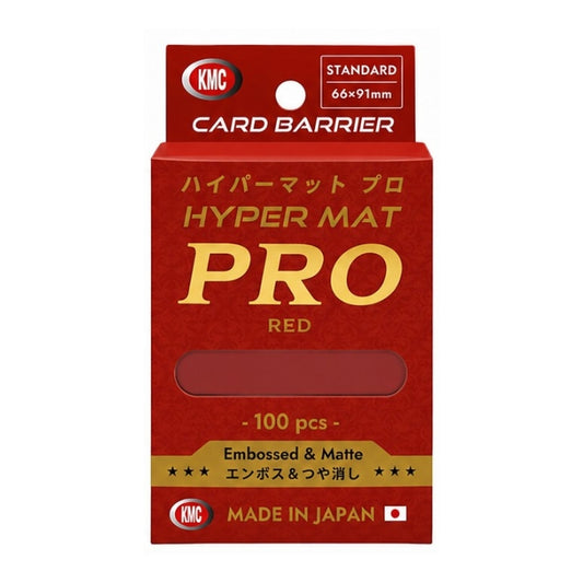 Red KMC Hyper Mat PRO standard size card sleeves, 100-count pack with matte textured finish for TCGs.
