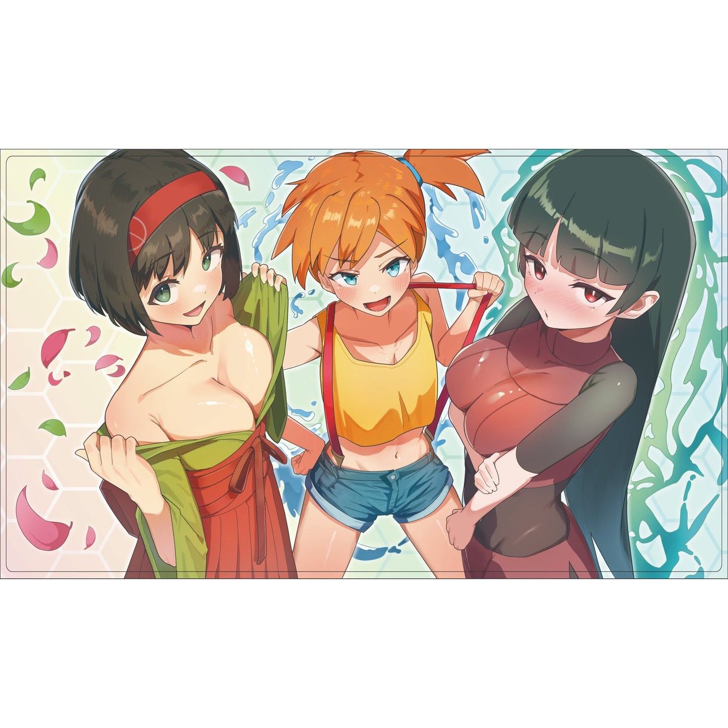 Kanto Girls rubber playmat with three anime characters: Erika, Misty, and Sabrina, in a playful, colorful design.