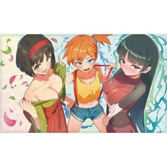 Kanto Girls rubber playmat with three anime characters: Erika, Misty, and Sabrina, in a playful, colorful design.