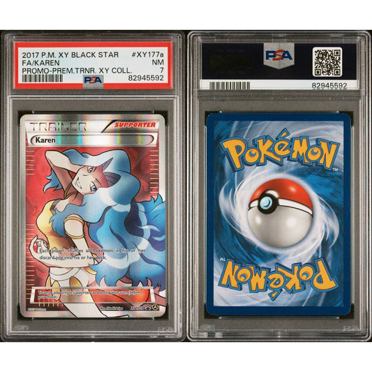 PSA graded Karen Full Art Trainer card, front with blue-haired woman and back with blue Pokémon logo.