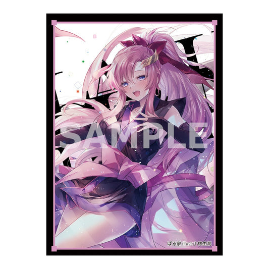 Protective card sleeve featuring an anime girl with long pink hair in a black outfit, framed by a purple border.