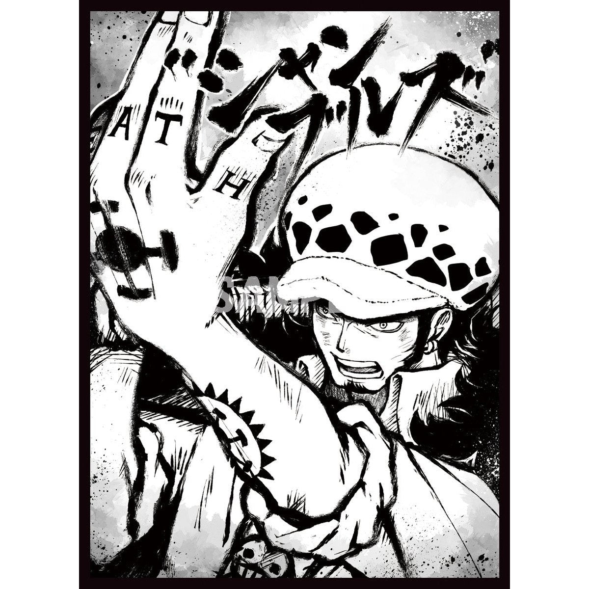 Black and white anime card sleeve featuring Trafalgar Law with his hand raised, showing "DEATH" tattoo.