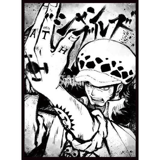 Black and white anime card sleeve featuring Trafalgar Law with his hand raised, showing "DEATH" tattoo.