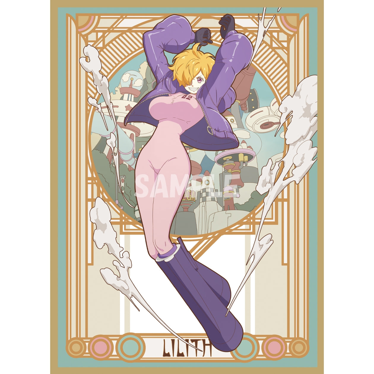 Lilith Sleeve: Anime girl in purple jacket and pink bodysuit, sci-fi background, art deco frame.