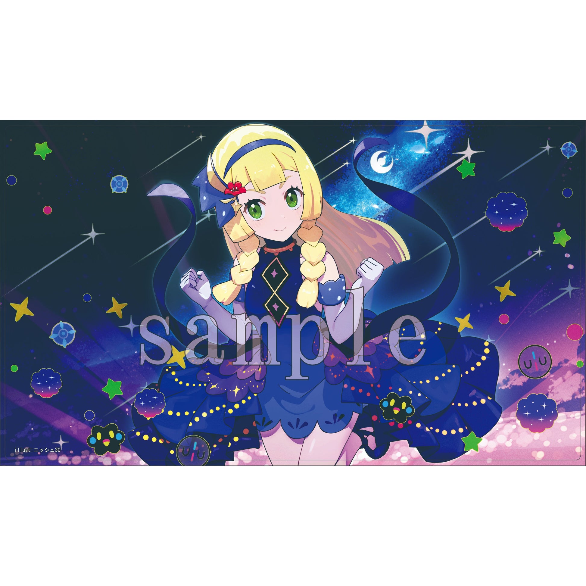 Lillie Rubber Playmat with anime girl in a blue dress against a starry night sky, 60x35cm.