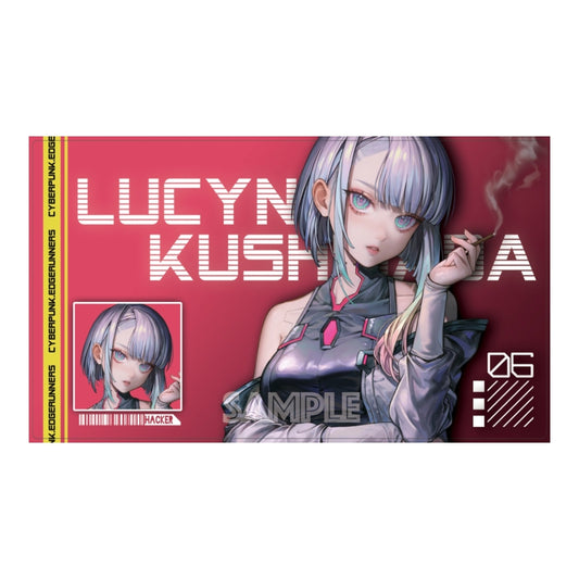 Lucy Cyberpunk rubber playmat, 50x35cm, featuring a red anime design of Lucy Kushinada with a non-slip base.