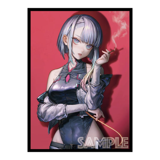Cyberpunk-style card sleeve featuring Lucy with short silver hair and a cigarette against a vibrant red background.