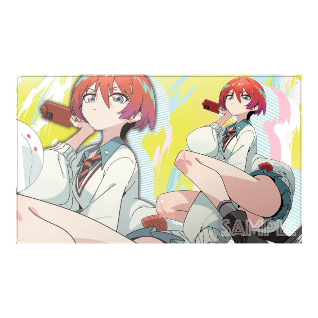 Machu rubber playmat featuring an anime girl with red hair on a yellow background, 50x35cm non-slip polyester surface.