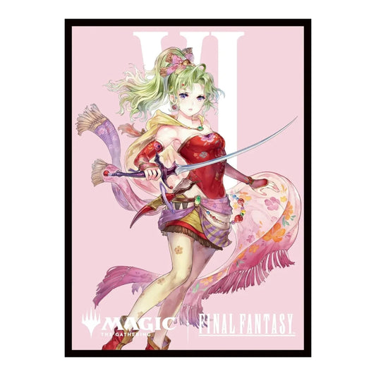 Magic: The Gathering card sleeve featuring Terra Branford from Final Fantasy in a pink, floral-patterned protective design.