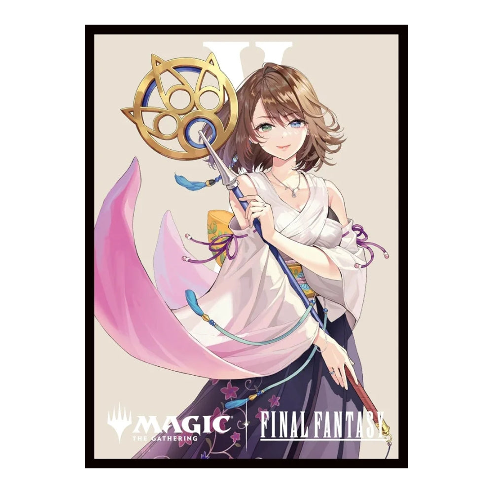 Magic: The Gathering Final Fantasy card sleeve featuring an anime-style woman holding a golden staff on a cream background.