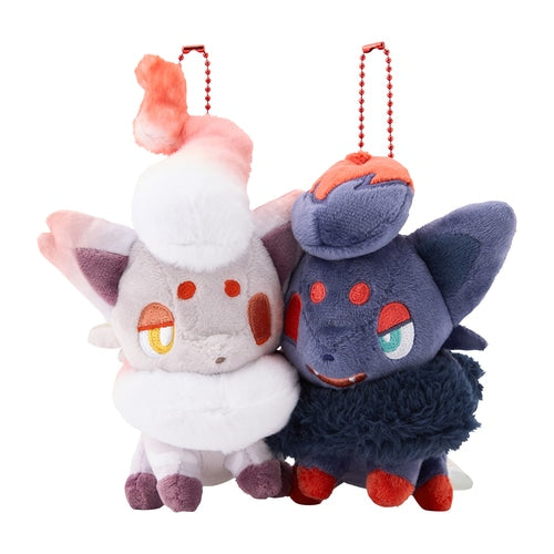 Magnetic Zorua and Hisui Zorua plushies with ball chains, featuring soft fabric and cheeks that stick together.