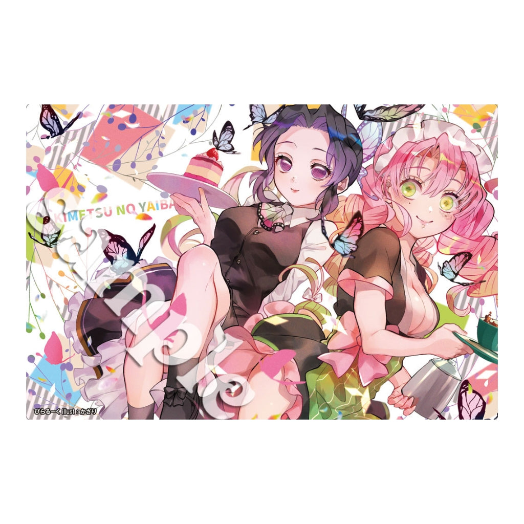 Maid Shinobu and Mitsuri rubber playmat featuring colorful anime art, butterflies, and a non-slip 60x35cm polyester surface.