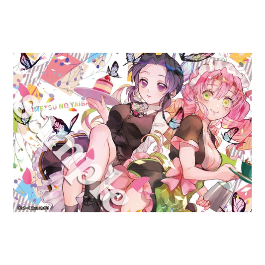 Maid Shinobu and Mitsuri rubber playmat featuring colorful anime art, butterflies, and a non-slip 60x35cm polyester surface.