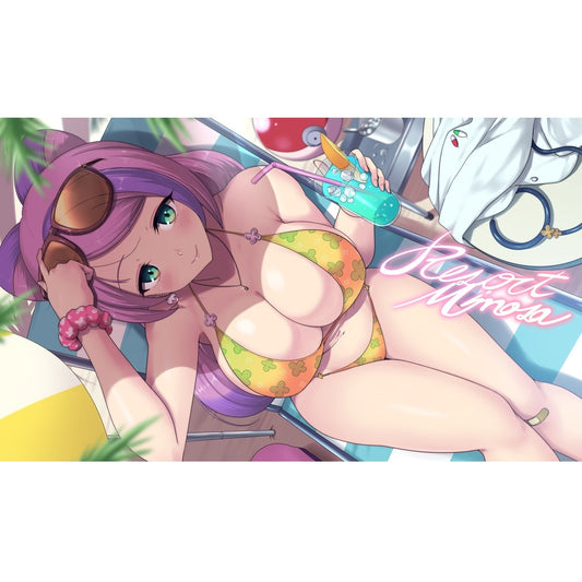 Anime girl with purple hair in a floral bikini, sunglasses, and a drink, relaxing on a striped beach chair.