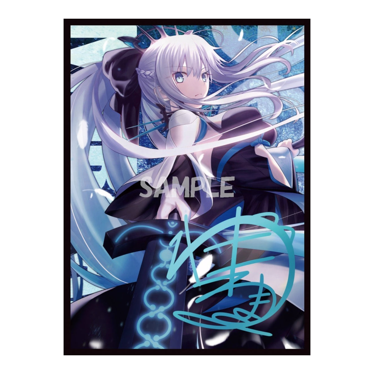 Morgan le Fay anime card sleeve featuring a white-haired character with a glowing sword in a blue and black aesthetic.
