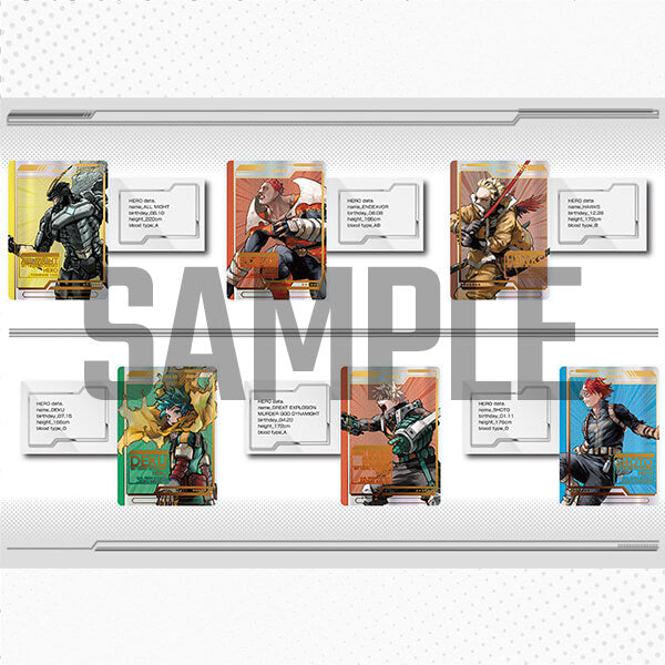Six My Hero Academia exhibition promo cards featuring character illustrations and hero data profiles in a sealed display.