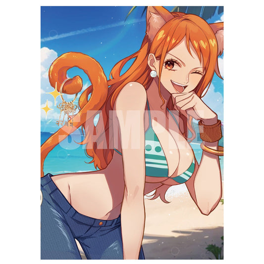 Anime Nami in a cat-girl design, wearing a striped bikini top and jeans, winking on a sunny beach.