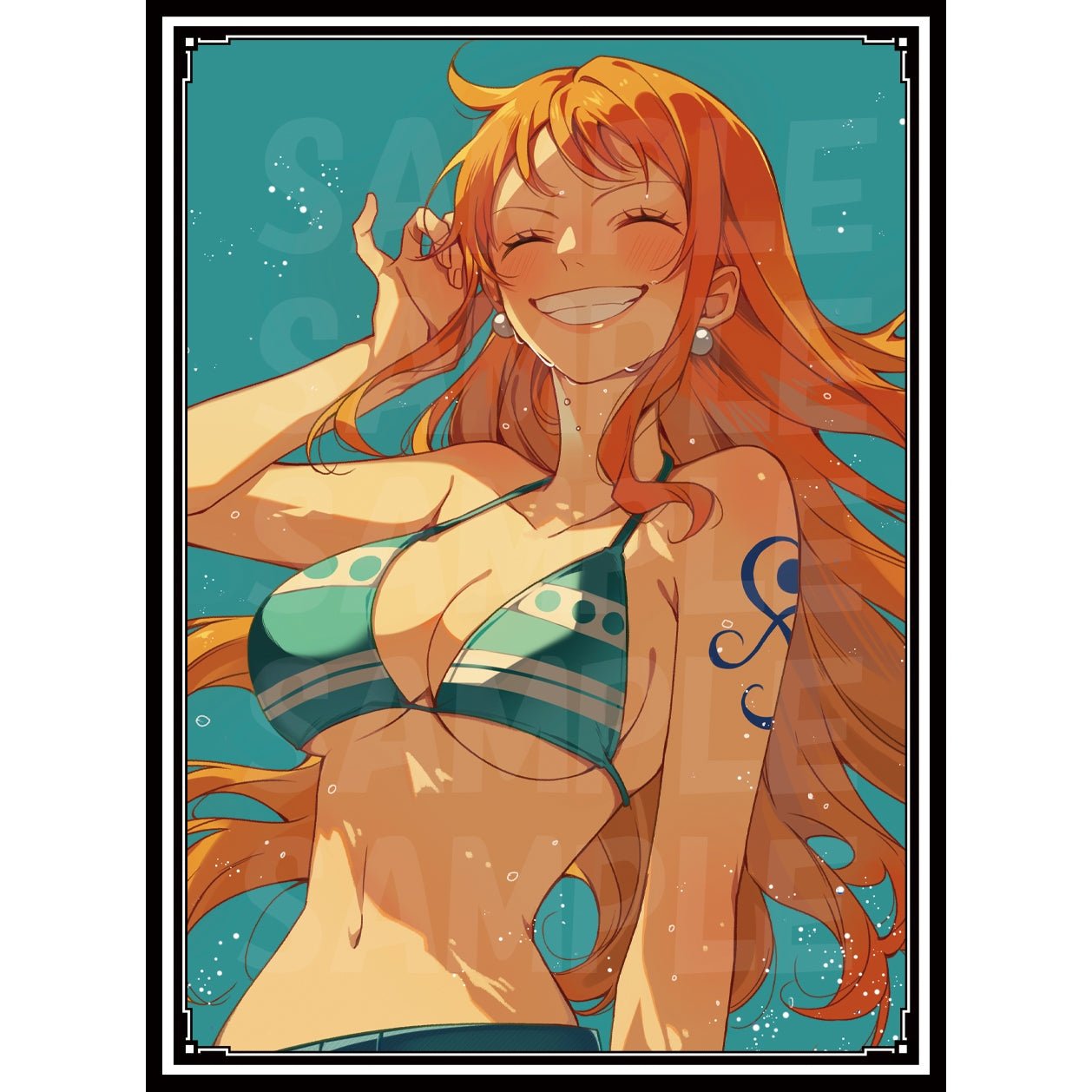 Anime art of Nami from One Piece, smiling in a teal bikini against a blue sky, for card sleeves.