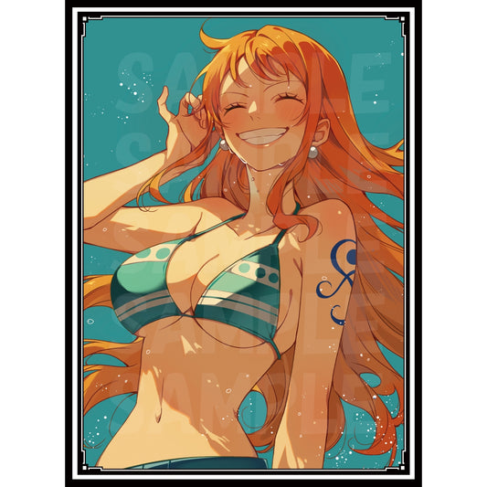 Anime art of Nami from One Piece, smiling in a teal bikini against a blue sky, for card sleeves.