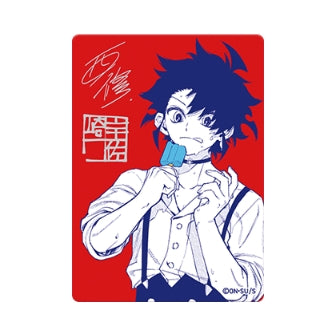 NatsuComi 2026 metallic foil promo card featuring a blue-toned manga character eating a popsicle on a red background.