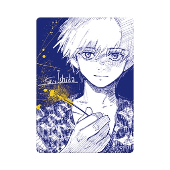 NatsuComi 2026 metallic foil card featuring blue and yellow ink-style character art with a printed creator signature.